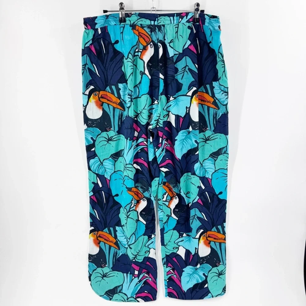 ✅ Talbots BLUE/GREEN Tropical Print COTTON WIDE LEG CROPPED PANTS SIZE LARGE - Picture 2 of 7